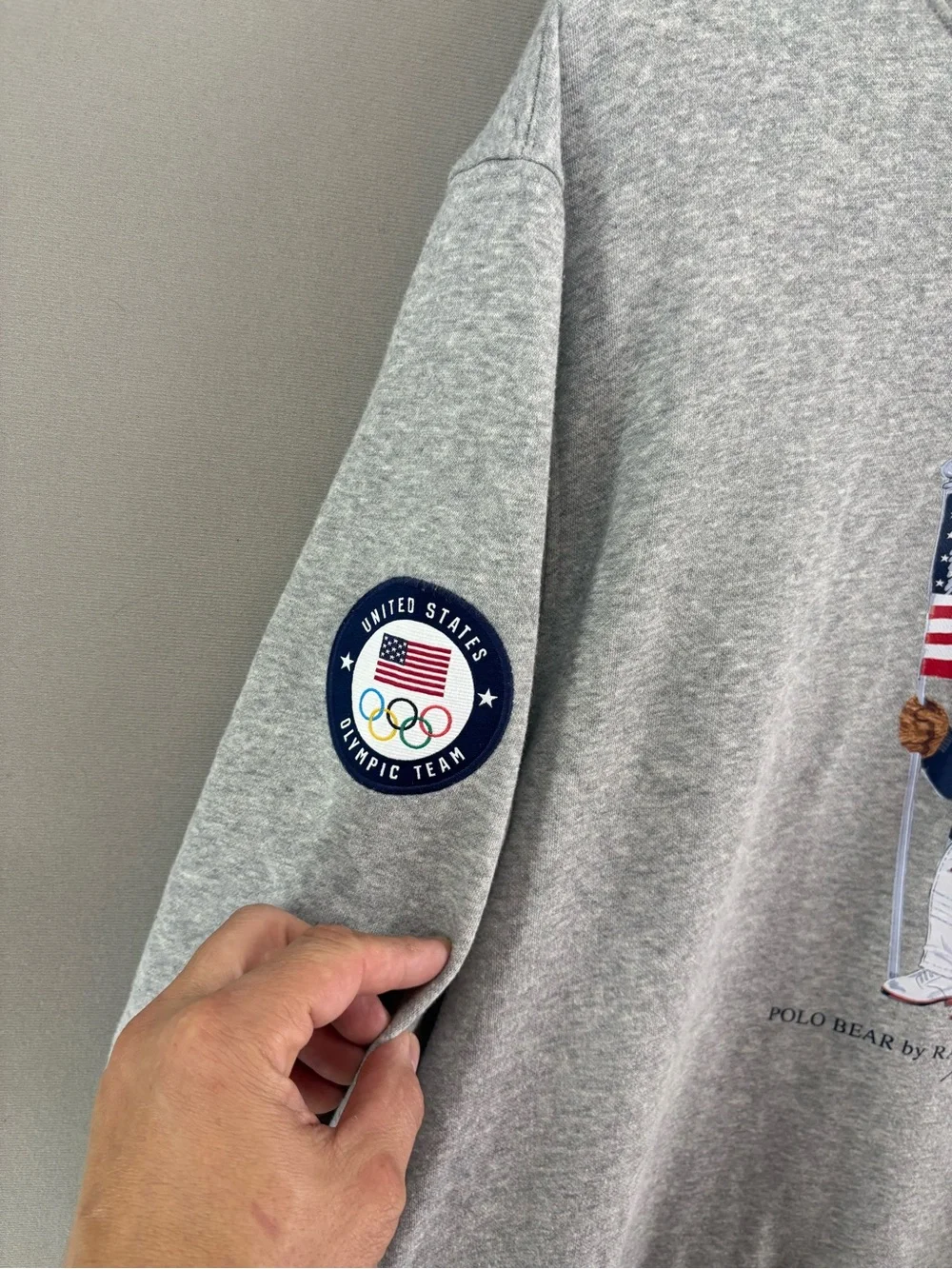 Polo Ralph Lauren USA Flag American Polo Bear Gray Hooded Sweatshirt Sz XL - Picture 3 of 8